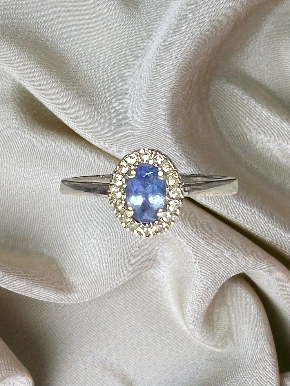 Sterling Silver Genuine Tanzanite & Diamond  Halo Ring Size 6 1/2.